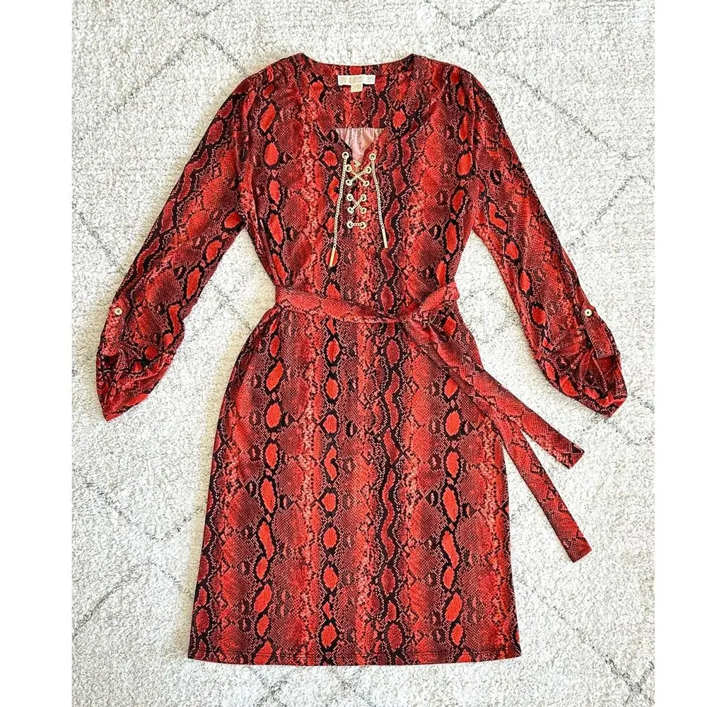 Michael Kors Red Snakeskin Print Gold Chain Tie Dress Size S
